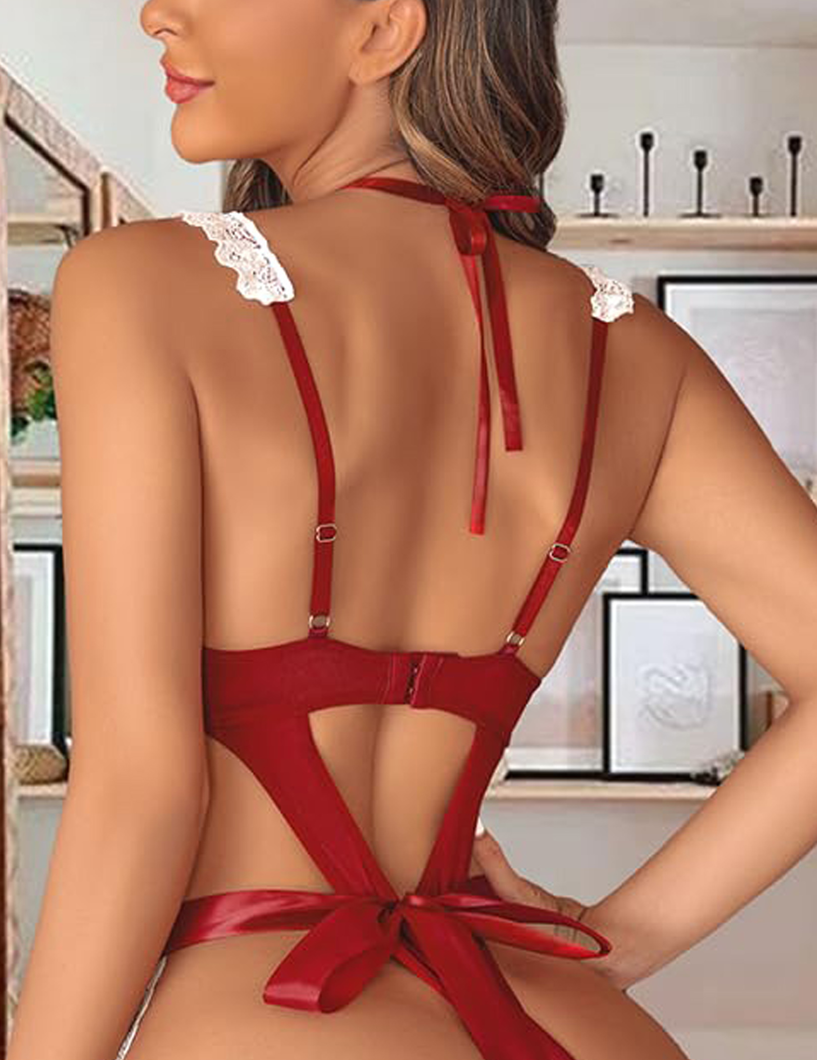 Maroon Lace French Maid Dress with Apron & Garter Straps - Image 3